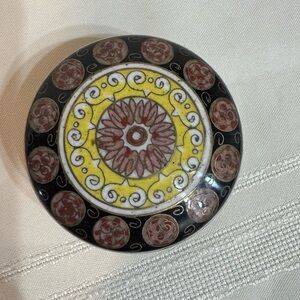 Vintage Chinese Cloisonné Round Lidded Trinket Box Blue Yellow Red